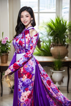 masterpiece, best quality, 1girl, solo, short hair, black hair, big breasts, indoors, floral print, table, plant, holding hand fan, purple ao dai, smile, holdinghands,Young beauty spirit, Ao dai hoa tiet