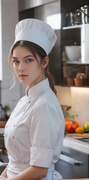 A 20-year-old young female chef posing in the kitchen Generate hyper realistic image of a woman wears chef's uniform, and sA 20-year-old young female chef posing in the kitchen Generate hyper realistic image of a woman wears chef's uniform, and soft blue eyes.  Set the scene in a kitchen, up close, sexy, teasing , huge breast,woman_nr1