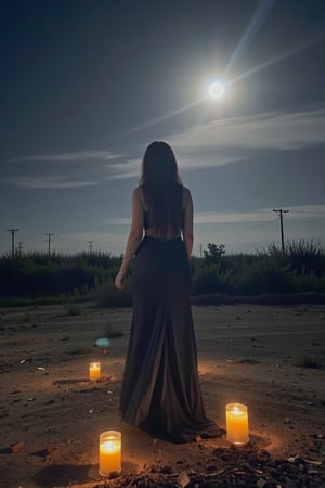 Una bruja muy sexy afuera en la noche. Hay velas en la tierra y una luna llena.