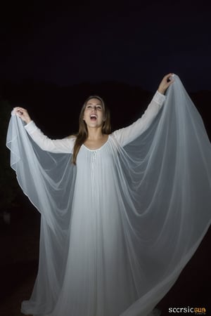 score_9, score_8_up, score_7_up,imagen de un fantasma feminino. Fantasma de una mujer guapa pero espantosa en una bata blanca, fantasma transparente flotando por el aire, noche obscura