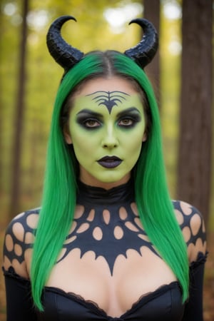 score_9, score_8_up, score_7_up, imagen de un mujer bella con maquillaje de Halloween. Maquillaje verde de bruja bonita. Afuera en el bosque