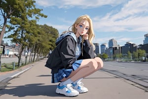 1girl, solo, long hair, looking at viewer, blue eyes, skirt, blonde hair, long sleeves, jacket, full body, pleated skirt, earrings, outdoors, sky, shoes, day, socks, cloud, hood, black skirt, bag, tree, blue sky, plaid, hoodie, floating hair, plaid skirt, squatting, hood down, blue jacket, black socks, building, sneakers, scenery, city, cityscape,Marin Kitagawa,abenoharukas