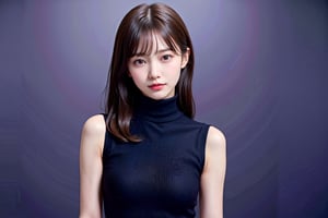 (masterpiece, best quality, photorealistic, high resolution, 8K raw photo), ((1girl)), slender, Korean girl, smooth soft parl skin, detailed fair skin, soft smile, looking at viewer:1.3, poor lightings, raw photo, straight long hair, blunt bangs, (light smile), arms up,
wearing ((black-turtleneck, slender pencilskirt)), 
half body, upper body, realistic, cute look, cute emotion, perfect human anatomy, dynamic, low key, (dark purple soft light background), dark purple soft light, white night gown,1 brown mole_under_eye left,realistic, 