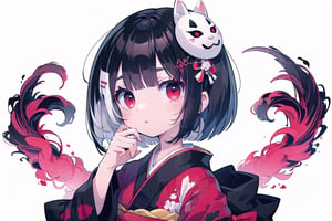(masterpiece, best quality, highres:1.3), ultra resolution image, 8k, slender, design a cute girl, (Phonk:1.3), girl taking a break, red eyes, (black hair:1.2), (bob cut:1.3), hand on own chin, wearing ((red-black kimono, noface  mask on head:1.2)), ((upper body, half body:1.1, focus on face)),expression design, perfect human anatomy, dynamic, partial version, (white background:1.3),

