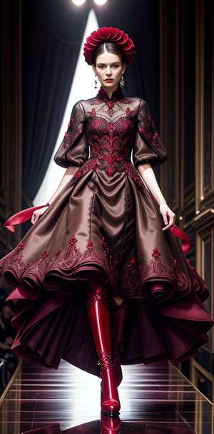 A statuesque model strides confidently down the Milan Fashion Week runway. Her ensemble, a breathtaking ode to the Schwarzwälder Kirschtorte, features layers of rich, chocolate-brown fabric, adorned with delicate cherry-red accents and a cascade of faux whipped cream ruffles.
