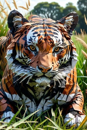 masterpiece, high quality, realistic aesthetic photo ,(HDR:1.2), pore and detailed, intricate detailed, graceful and beautiful textures, RAW photo, 16K, (orogami art),brown, black and white,  tiger in the grass, detailed eyes, close up face, 