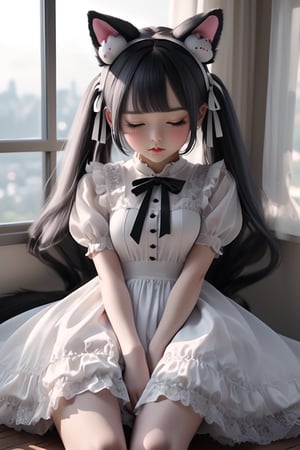 looking at the front, masterpiece,best quality,official art, extremely detailed CG unity 8k wallpaper,absurdres,8k resolution,cowboy shot,exquisite facial features,prefect face,shiny skin,breasts,13 year old Korean Lolita girl, two buns, Very cute, look at the view ,like a doll, solo,Wearing Hello Kitty,black Lolita transparent lace dress, black hair, dress, animal ears, twintails, closed eyes, cat ears, hair bun, white dress, fake animal ears, curtains, paw pose
