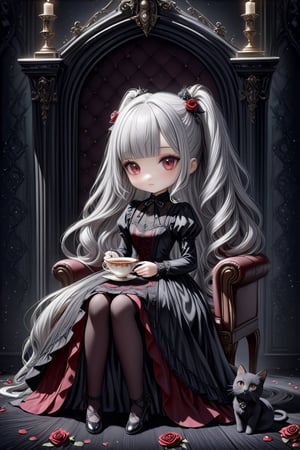 (3D-figure,chibi,blythe-doll,)(masterpiece,ultra detailed,high-quality,8k,professional,UHD,)Gothic theme, dark theme, black gothic dress, gothic makeup, tea time,Monochrome gothic room,sitting on a chair 
,holding a teacup, hair ornaments, white hair,(blunt bangs, curly hair,High twin ponytails),black carpet floor,black cats ,bunches,red ruby eyes,roses,DonMASKTexXL ,glass,DonMDr4g0nXL,DonM0ccul7Ru57XL