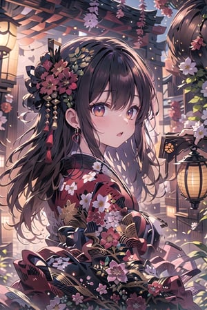 double exposure,1girl, solo, long hair, looking at viewer, blush, bangs, black hair, hair ornament, brown eyes, jewelry, upper body, flower, earrings, outdoors, parted lips, japanese clothes, looking back, hair flower, kimono, blurry, from side, lips, sash, depth of field, blurry background, wavy hair, floral print, red flower, tassel, lantern, paper lantern