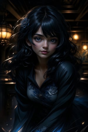 Create a masterpiece featuring a highly detailed full body image of a dark-haired girl with bright eyes, captured in a sweet and shy expression. The scene is set in a cozy lighting environment with an art study background, showcasing an unusual composition. The girl is in a frontal view, engaging in an action shot while focusing on her artwork. Emphasize detailed eyes and mouth, adhering to the LegendDarkFantasy style.