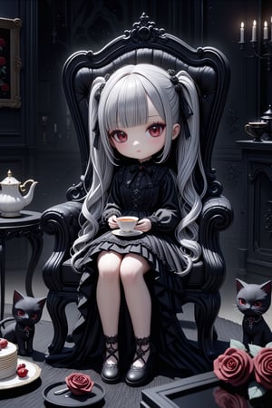 (3D-figure,chibi,blythe-doll,)(masterpiece,ultra detailed,high-quality,8k,professional,UHD,)Gothic theme, dark theme, black gothic dress, gothic makeup, tea time,Monochrome gothic room,sitting on a chair 
,holding a teacup, hair ornaments, white hair,(blunt bangs, curly hair,High twin ponytails),black carpet floor,black cats ,bunches,red ruby eyes,roses,DonMASKTexXL ,glass,DonMDr4g0nXL