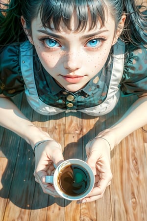 1girl, solo, long hair, looking at viewer, bangs, blue eyes, shirt, black hair, holding, twintails, closed mouth, short sleeves, collared shirt, blunt bangs, mole, apron, cup, lips, from above, table, holding cup, freckles, teacup, wooden floor, coffee
