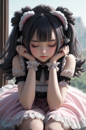 looking at the front, masterpiece,best quality,official art, extremely detailed CG unity 8k wallpaper,absurdres,8k resolution,cowboy shot,exquisite facial features,prefect face,shiny skin,breasts,13 year old Korean Lolita girl, two buns, Very cute, look at the view ,like a doll, solo,Wearing Hello Kitty,black Lolita transparent lace dress, black hair, dress, animal ears, twintails, closed eyes, cat ears, hair bun, white dress, fake animal ears, curtains, paw pose
