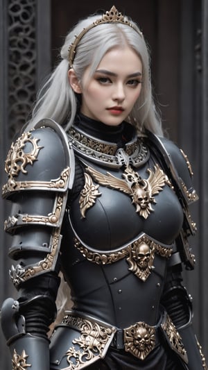 Full body. A girl wearing black heavy armor in the ornate gothic style, pauldron, metallic collar, knight armor, golden filigree. A 17-years-old ethereal breathtakingly glamorous japanese girl, white hair, hairband, slim and tall perfect model body, An ethereal beautiful face with v-shaped jawline, bright eyes, almond-shaped eyes, translucent skin texture, porcelain skin tone. Adorned with christian symbols accentuating her high status as an inquisitor. The best warrior of inquisition. award-winning, hyperrealistic:1.2, realistic, raw photo, holding Bolter, warrior