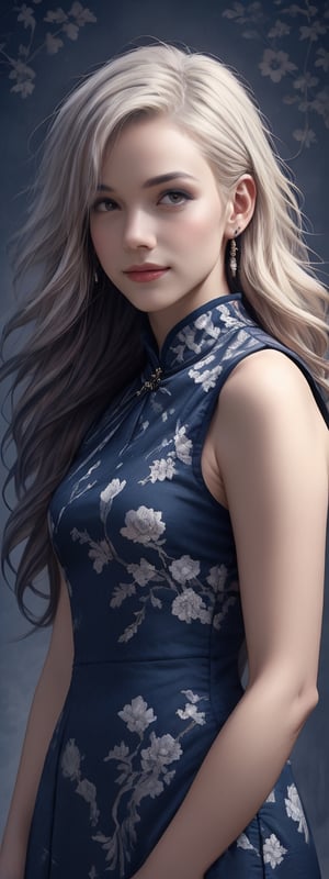 Generate hyper realistic image of a stunning woman with piercing blue eyes and cascading blonde hair, her ample curves accentuated by the elegant neckline of her attire. Her parted lips hint at a secret smile, while the curve of her nose adds a touch of delicate refinement to her features. Render her in a realistic style, capturing the intricacies of her expression with meticulous detail.,qinghua