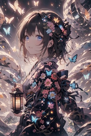 double exposure,1girl, solo, looking at viewer, short hair, bangs, black hair, hair ornament, long sleeves, brown eyes, closed mouth, upper body, flower, outdoors, japanese clothes, artist name, hair flower, kimono, water, blurry, from side, lips, sash, night, obi, floral print, bob cut, bug, animal print, butterfly, yukata, lantern, butterfly hair ornament, print kimono, paper lantern, glowing butterfly,
