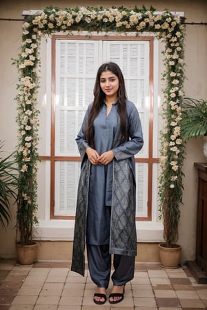 18 year old Indian women wet hair, blue eyes, brown hair , long hair , smiling, medium Brest wearing dark grey traditional girls suit/salwar standing in front of designer photos click frames with her friend asly and change in poses and surrounded by flowers decorations  full body photos please full same  but different styles