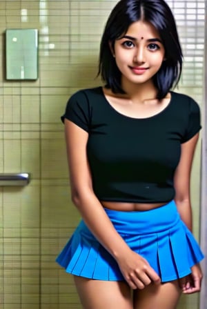 18 years old Indian girl dipple in chisk short Giolito black hair blue eyes sexy joa line, sexy face, attractive look sexy figure medium Brest big ask wearing Tokyo style Giolito skirt and t shirt ,hand behind sexy poses, spotlight, bule lights background<lora:659095807385103906:1.0>,<lora:659095807385103906:1.0>,<lora:659095807385103906:1.0>