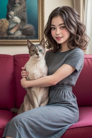  Detailed oil painting of a little girl with curly hair wearing a floral dress, holding a Siamese cat in her arms, soft lighting and warm colors reminiscent of Rockwell Norman's style. The background is a cozy living room with vintage furniture and decor. The brushstrokes are visible, giving the painting an organic feel.