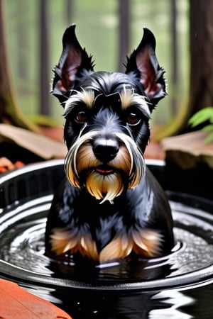 a Schnauzer,black,Drop one's ears,Soaking in hot springs in the deep woods