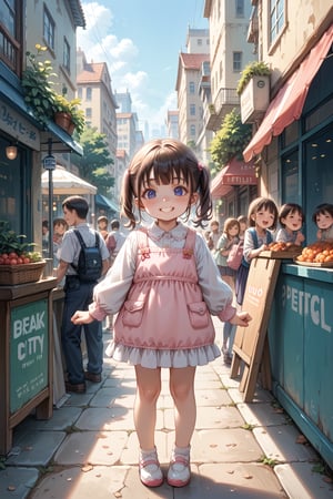 highres,score_9,score_8_up,score_7_up,BREAK, looking at viewer, sweet smile,1girl,loli,Petit,child, blush, standing,full body,A busy city with lots of people passing by