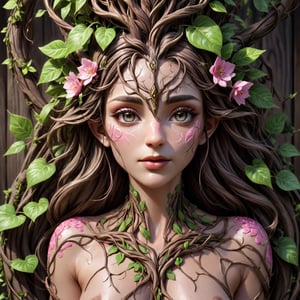 Attractive young dryad woman covered in extravagant sensual vines and leaves, small pink flowers as accents against her gnarled wooden skin