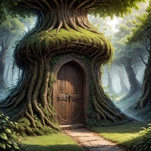 Hidden druidic path, mysterious fantasy etherial tunnel door