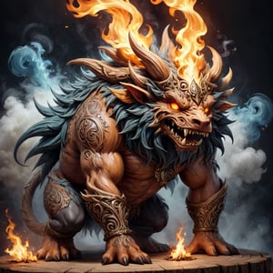 Druidic flame bearing wooden ornate monster fantasy creature, druidic magic smoke fire