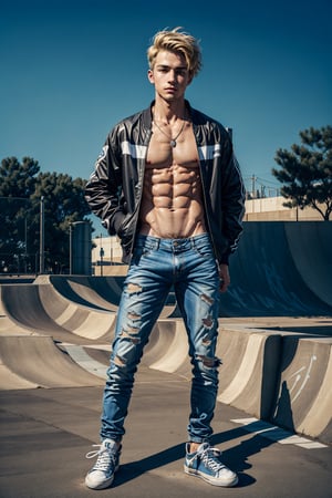 portrait of a young teenage male skateboarder, full body, slender, relaxed pose, angled pose, loose clothing, skatepark background, serious expression, short blonde hair, buzzed hair, fade hair, tan skin, open graphic jacket, oversized jacket, shirtless, sagging pants, ripped denim pants, underwear band, athletic underwear band, graphic underwear band, athletic_shoes, best quality, happy trail,1boy, evening, night lighting, moody atmosphere, forward shadow, best quality, crotch_bulge, skatepark, realistic, Masterpiece