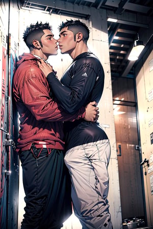 Two male Latino teenagers wearing loose-fitting clothes almost kiss. Relaxed.