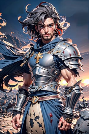 A male knight in broken armor and ripped clothing stands stoically in the middle of a smoke filled battlefield, sunset, dramatic light, dark background, windy, messy hair, bloodied, Muscular Bara, best quality, 1man,  medieval armor, pubic hair, gay, homoerotic