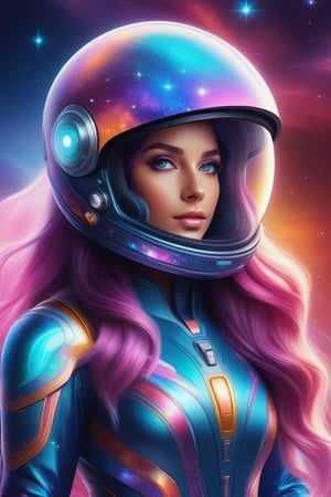 StunningDigital drawing of a beautiful, cute, attractive magical fantasy person, Big colorful long hair on the helmet, with visible whole body, Tight astronaut suit, Stardust, Background galaxy, Ultra high quality clarity,chrometech,surface imperfections