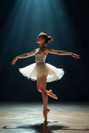 A well-trained ballet dancer in a graceful spin, mid-air, on a grand stage. The dancer's pointe shoes are perfectly pointed, and their tutu flows elegantly. The stage is illuminated with soft, focused lighting, highlighting the dancer's form. The background is a subtle, dark backdrop, emphasizing the dancer's movement and grace. The composition captures the dancer's balance and precision, with a slight tilt to the camera to enhance the dynamic spin.