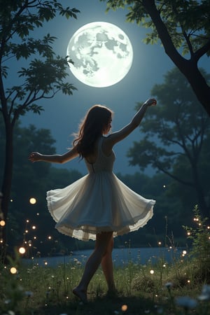 Imagine a girl dancing alone under the full moon in a secluded clearing. Her movements are graceful and fluid, as if she is in perfect harmony with the natural world. The moonlight casts a silvery glow on her, and fireflies dance around her, adding a touch of magic to the scene.