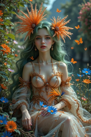 "In a lush, paradise-like landscape, a woman with doll-like features and long, swirling green hair sits amidst vibrant flowers. She wears a firebird veil made of flame crystal, its intricate details shining in celestial lighting. Her pale skin seems to glow with a soft, golden luminescence. One hand cradles a bird of paradise, while the other holds a bouquet of falling blue flowers. The air is filled with butterflies and golden glittering water droplets. In the background, a garden of Eden stretches out, its lush green leaves and baroque architecture a testament to the masterpiece's high resolution and detailed details."
