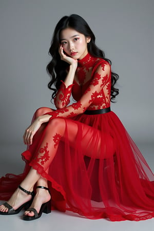 Lee Young Ae,a young woman sitting on a grey background. She is wearing a long, flowing red dress with a high neckline and long sleeves. The dress is made of a sheer fabric with intricate patterns and designs. The skirt of the dress is full and flows down to the floor, with a slit on the side. The woman has long dark hair styled in loose waves and is wearing black strappy sandals. She has a serious expression on her face and is resting her chin on her hand. The overall mood of the image is elegant and sophisticated., 1girl, solo, black hair, dress, red dress, sitting, sandals, long hair, grey background, full body, head rest, looking at viewer, crossed legs, realistic,in the style of CNSTLL