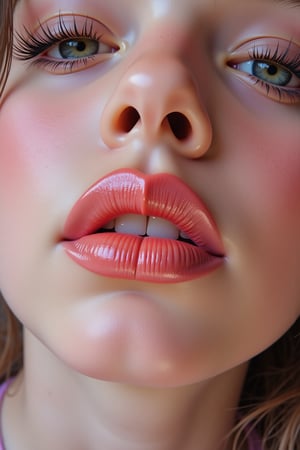 Focus on a beautiful girl's lips and lashes, with a bold, shiny lip gloss and long, luscious eyelashes, set against a blurred, pastel-colored background