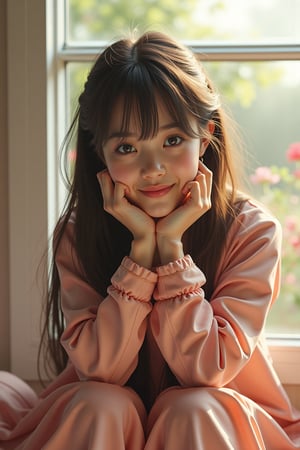 Beautiful soft light, (beautiful and delicate eyes), very detailed, pale skin, big smile, (long hair), dreamy, medium chest, female 1, ((front shot)), bangs, soft expression, height 170, elegance, bright Smile, 8k art photo, photorealistic concept art, realistic, person, small necklace, small earrings, fantasy, jewelry, shyness, dreamy soft image, masterpiece, ultra-high resolution, skirt, shirt, jacket, color, (the wind blows softly) ), (looking slightly raised and immersed in happy thoughts), girl sitting on the window sill with her chin supported by both hands, looking at the flower field outside the window, colorful, glitter, color art,BugCraft