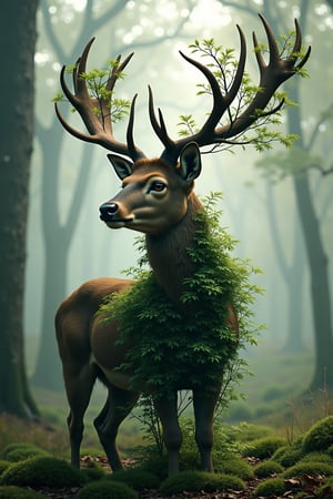 A portrait of a deer in a forest, blended with a human figure. The forest elements and the deer's features merge with the human form, creating a harmonious and mystical image of nature and humanity,in the style of CNSTLL