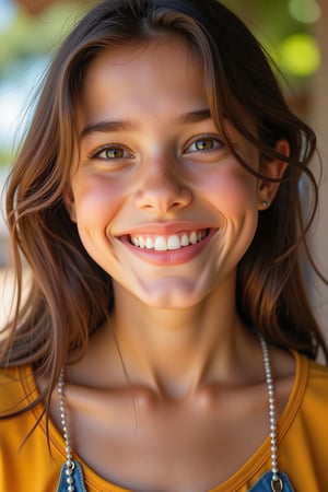 A warm, close-up shot of a beautiful girl with an infectious smile, sparkling eyes, and dimples, capturing her joy and radiance in a vibrant, colorful setting that complements her features and clothing.