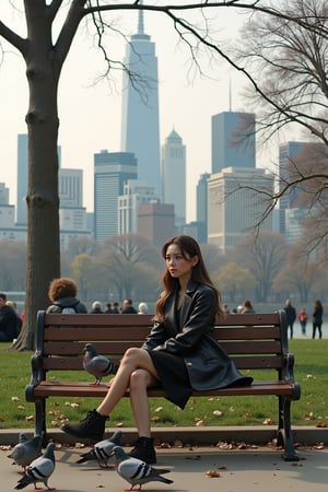 Capture a beautiful girl sitting on a vintage bench in a bustling city park, her gaze lost in thought as pigeons gather around her feet. The city skyline looms in the background, bathed in the soft light of a cloudy day, creating a contrast between urban chaos and personal tranquility