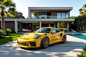 A yellow Porsche 911 GT3 RS parked on a luxurious private driveway, with a modern villa and a swimming pool in the background