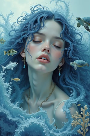 surreal portrait of a woman blending with the ocean. Her hair flows like waves, adorned with elements of marine life—fish, turtles, and corals. Use a soft color palette of blues and whites, conveying a serene yet melancholic atmosphere. Incorporate gentle dripping effects to symbolize the merging of water and emotion, highlighting her ethereal beauty.