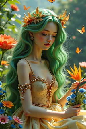 "In a lush, paradise-like landscape, a woman with doll-like features and long, swirling green hair sits amidst vibrant flowers. She wears a firebird veil made of flame crystal, its intricate details shining in celestial lighting. Her pale skin seems to glow with a soft, golden luminescence. One hand cradles a bird of paradise, while the other holds a bouquet of falling blue flowers. The air is filled with butterflies and golden glittering water droplets. In the background, a garden of Eden stretches out, its lush green leaves and baroque architecture a testament to the masterpiece's high resolution and detailed details."
