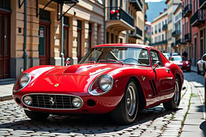 A classic red Ferrari 250 GTO from the 1960s, parked on a cobblestone street with a vintage cityscape in the background,in the style of CNSTLL