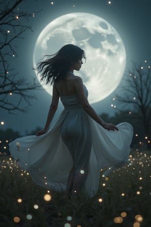 Imagine a girl dancing alone under the full moon in a secluded clearing. Her movements are graceful and fluid, as if she is in perfect harmony with the natural world. The moonlight casts a silvery glow on her, and fireflies dance around her, adding a touch of magic to the scene.