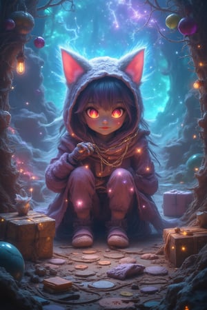 A whimsical masterpiece of a kawaii scene: a petite, big-eyed girl with adorable cat ears and a sweet smile, many cat around her, dressed in a cozy outfit, sits on the floor amidst a colorful array of scattered items from her overflowing ransel bag, as if she's about to start an adventure.,ExStyle