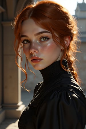 medieval Tudor style elle fanning looking late teens girl with red wavy hair, and brown eyes, black dress, , unreal engine, greg rutkowski, loish, rhads, beeple, makoto shinkai and lois van baarle, ilya kuvshinov, rossdraws, tom bagshaw, alphonse mucha, global illumination, detailed and intricate environment