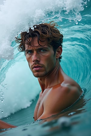 A portrait of a surfer with a determined look, merged with an ocean wave. The wave's texture and colors blend with his face and body, symbolizing his connection to the sea,in the style of CNSTLL