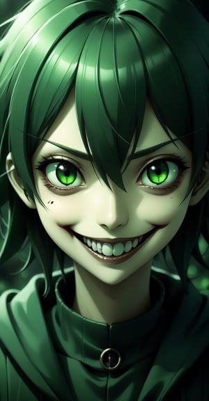 DARK FANTASY, creepy smile, darkgreen tone, anime,dark anime